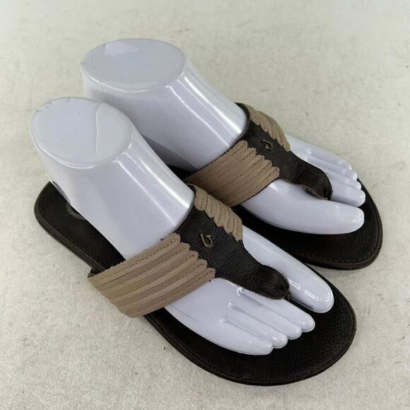OluKai Mahina Leather Flip Flops US 7 Beige Thongs Sandals Tan Brown  Summer - Picture 3 of 11